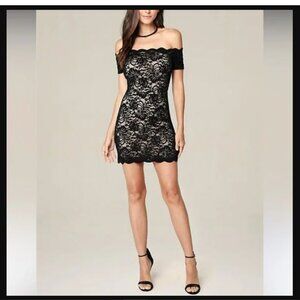 NWT BEBE Off the Shoulder Scallop Lace black lace dress